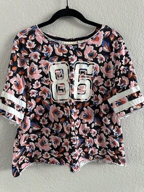 Maeve Anthropologie Floral Graphic Tee 86 Short Sleeve Top Black Pink Size Large